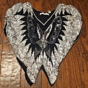 Vintage Clarisa Silver and Black Sequin Butterfly Top 100% Pure Silk
